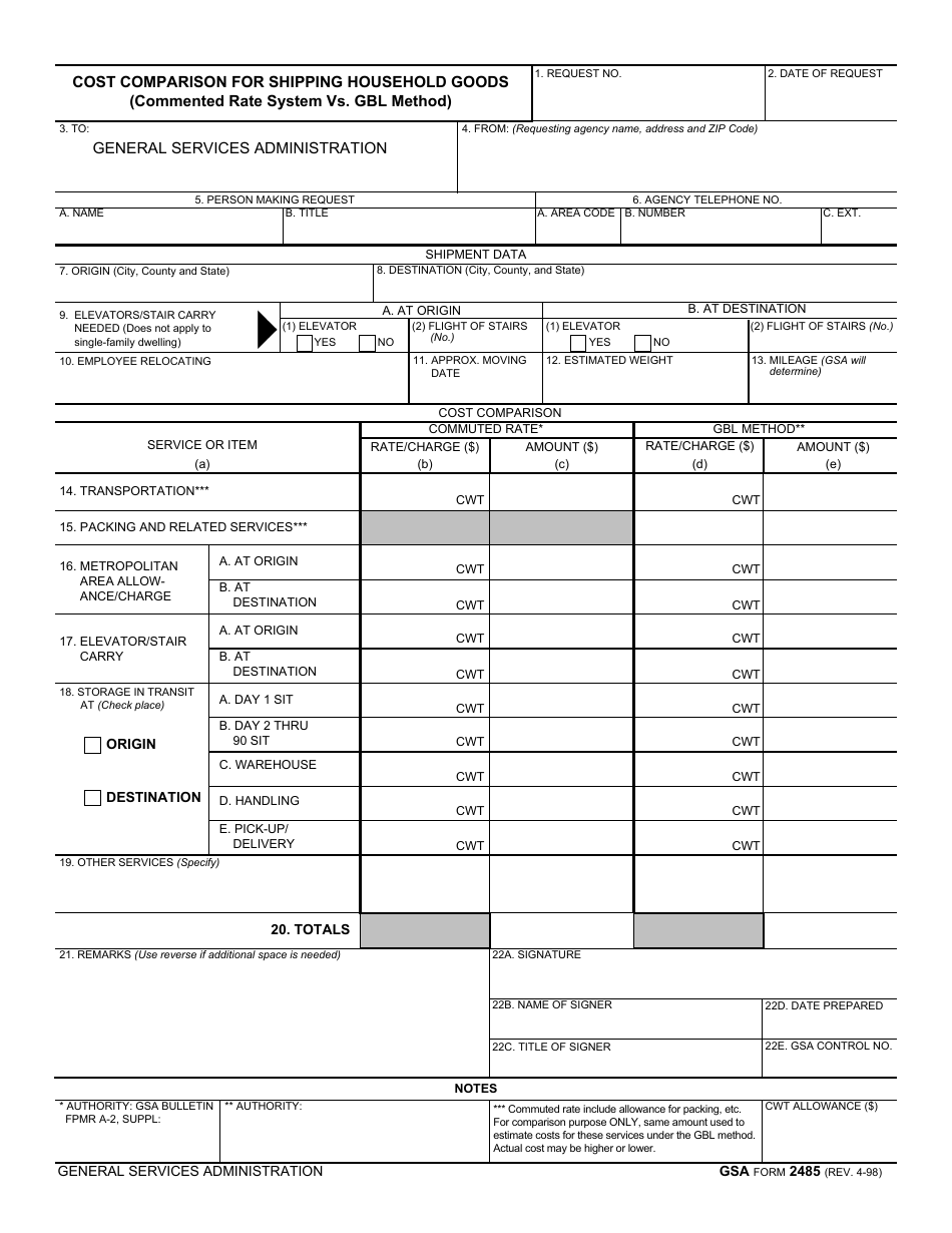 GSA Form 2485 Cost Comparison for Shipping Household Goods (Commented Rate System VS. Gbl Method), Page 1
