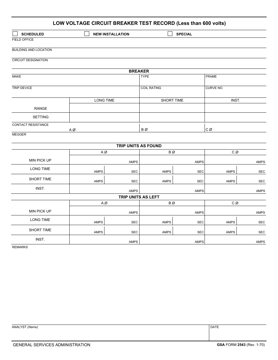 GSA Form 2543 Low Voltage Circuit Breaker Test Record (Less Than 600 Volts), Page 1