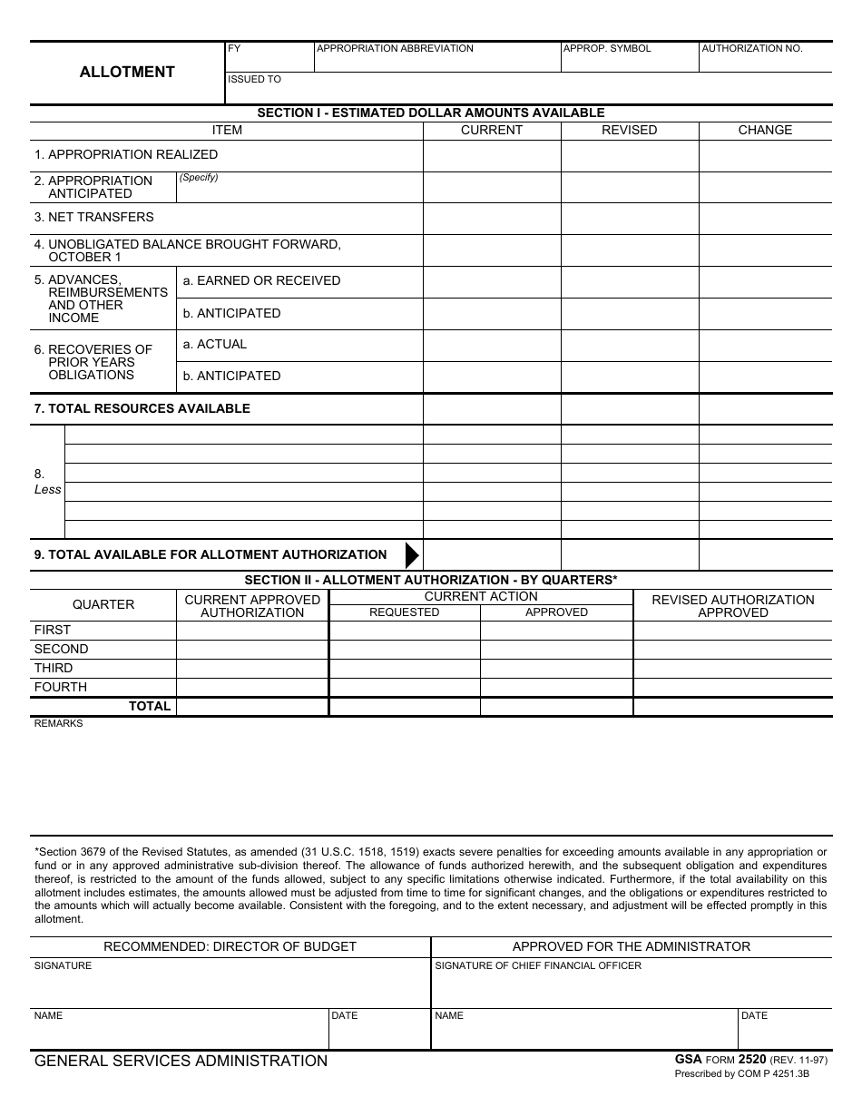 GSA Form 2520 Allotment, Page 1