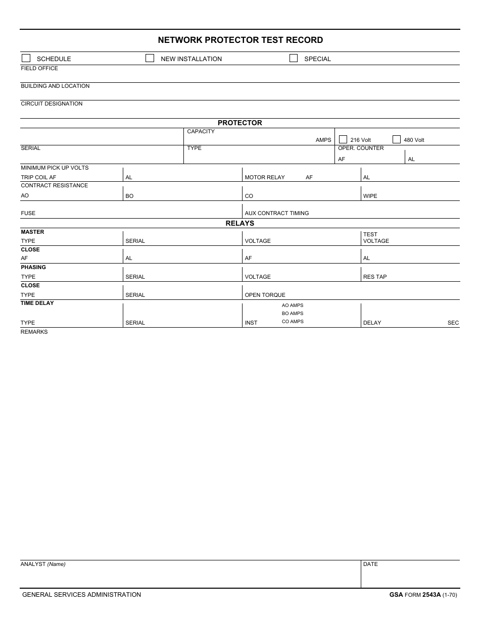 GSA Form 2543A Network Protector Test Record, Page 1