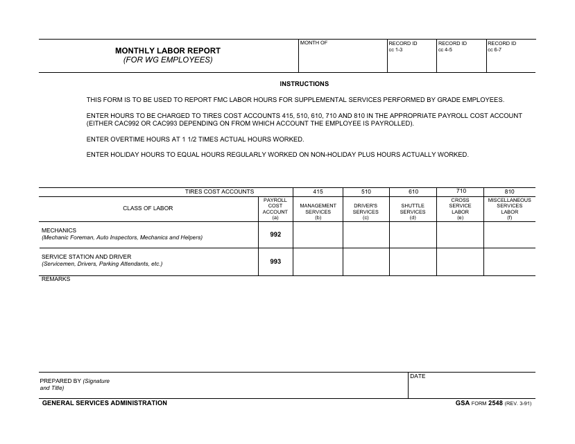 GSA Form 2548 Monthly Labor Report (For Wg Employees)