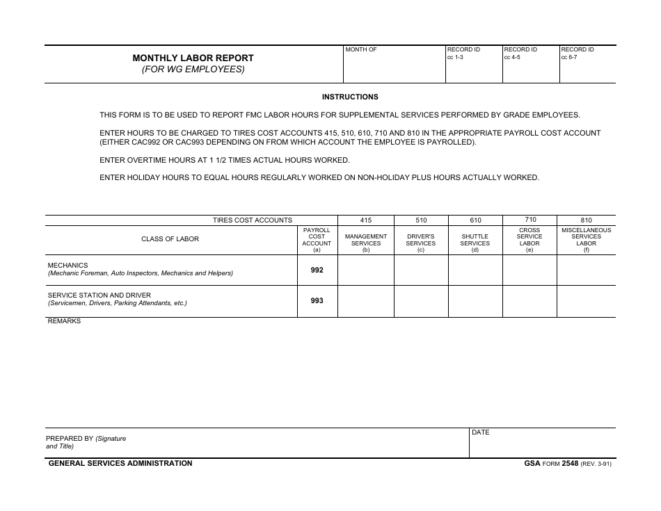 GSA Form 2548 Monthly Labor Report (For Wg Employees), Page 1