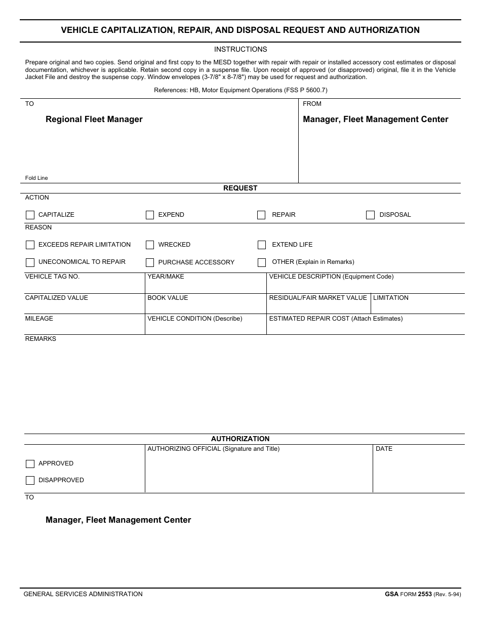 GSA Form 2553 Vehicle Capitalization, Repair, and Disposal Request and Authorization, Page 1