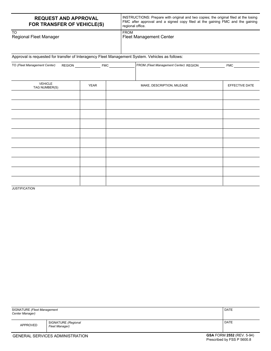 GSA Form 2552 Request and Approval for Transfer of Vehicle(S), Page 1