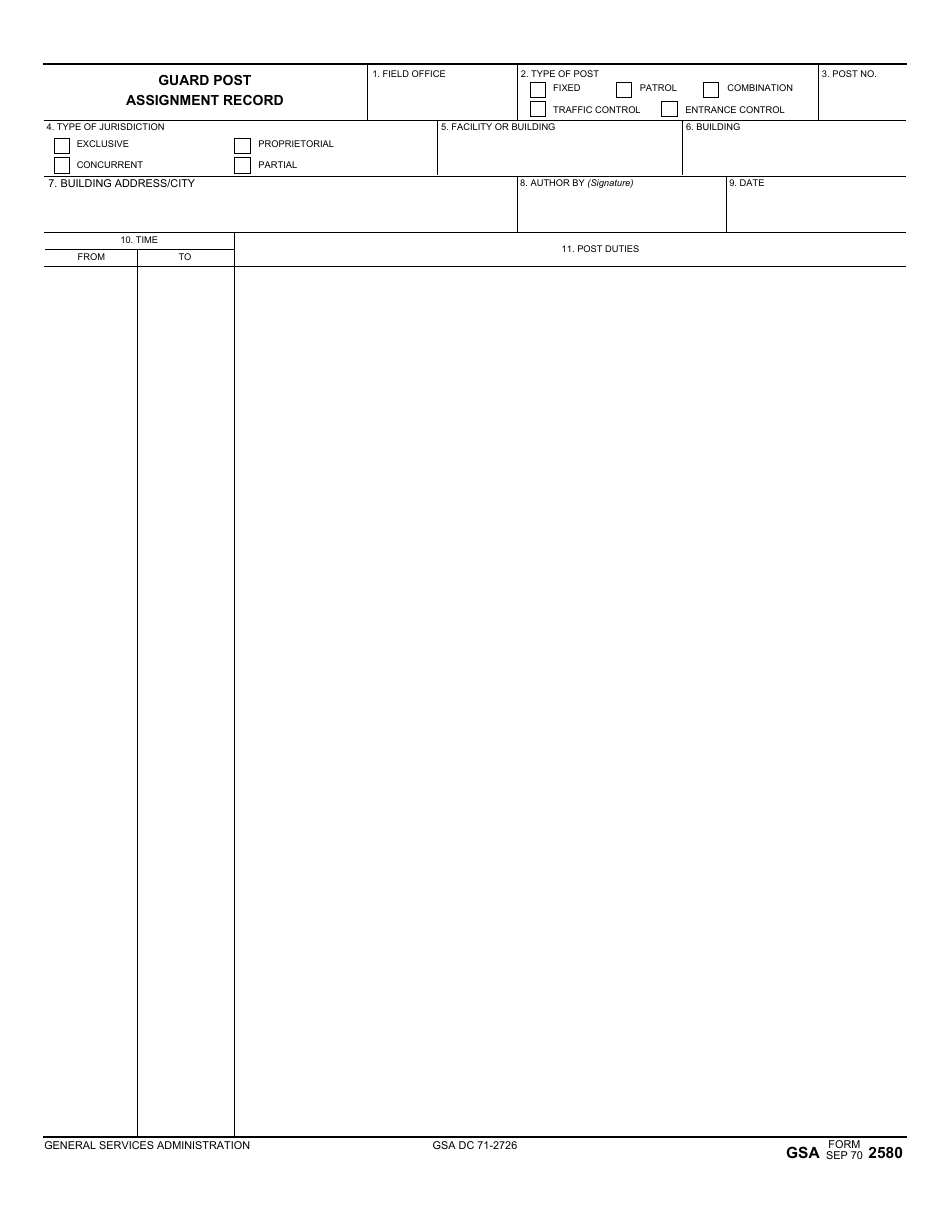 GSA Form 2580 Guard Post Assignment Record, Page 1