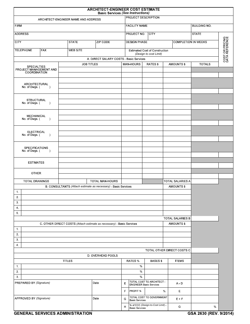 GSA Form 2630 Architect-Engineer Cost Estimate, Page 1