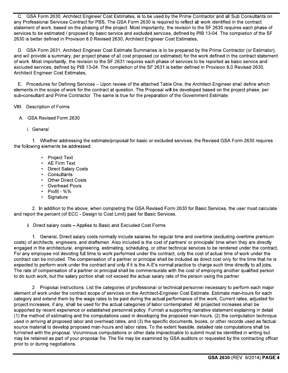 GSA Form 2630 Architect-Engineer Cost Estimate, Page 4