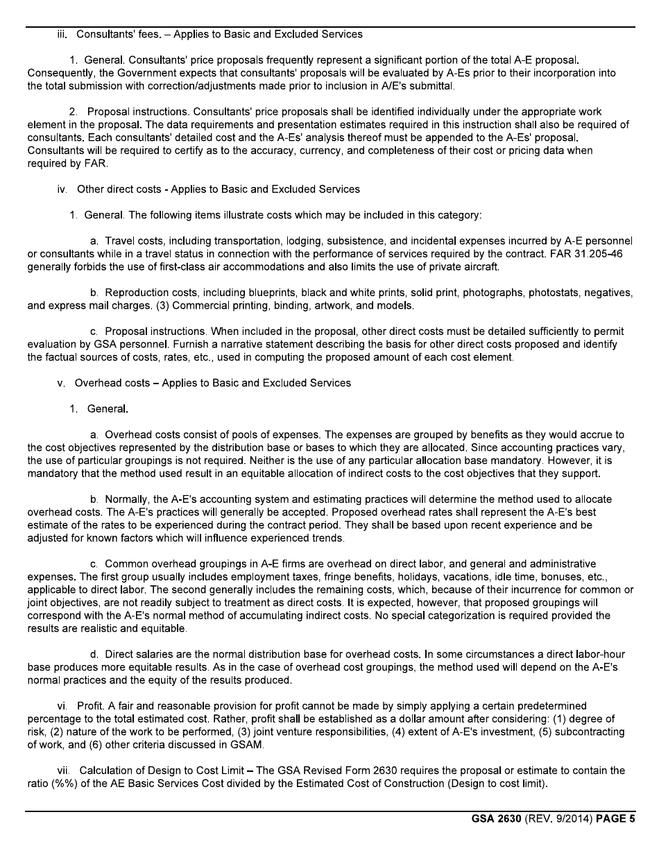 GSA Form 2630 Architect-Engineer Cost Estimate, Page 5