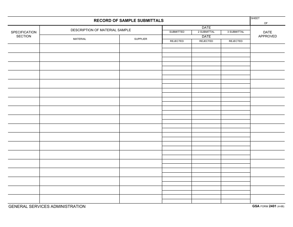 GSA Form 2401 Record of Sample Submittals, Page 1