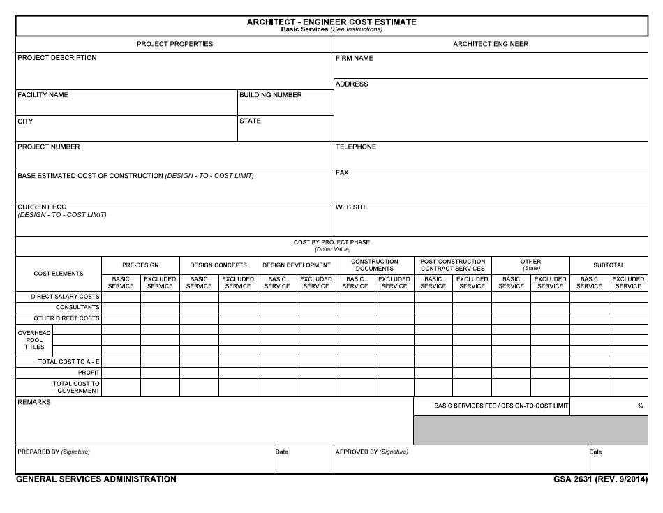 GSA Form 2631 Architect-Engineer Cost Estimate Summary, Page 1
