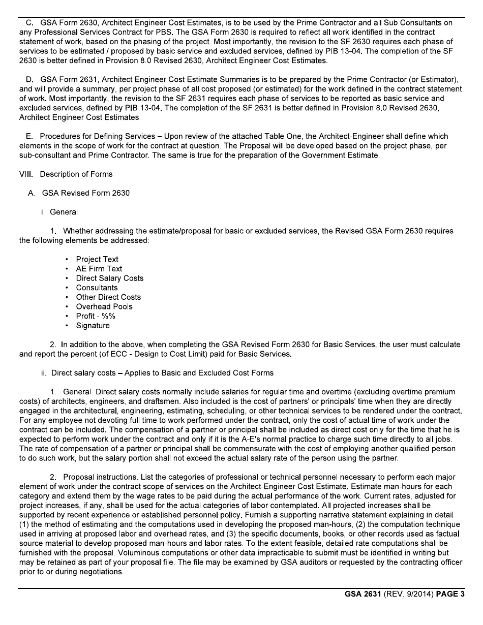 GSA Form 2631 Architect-Engineer Cost Estimate Summary, Page 3