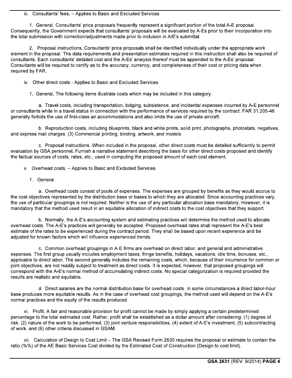 GSA Form 2631 Architect-Engineer Cost Estimate Summary, Page 4