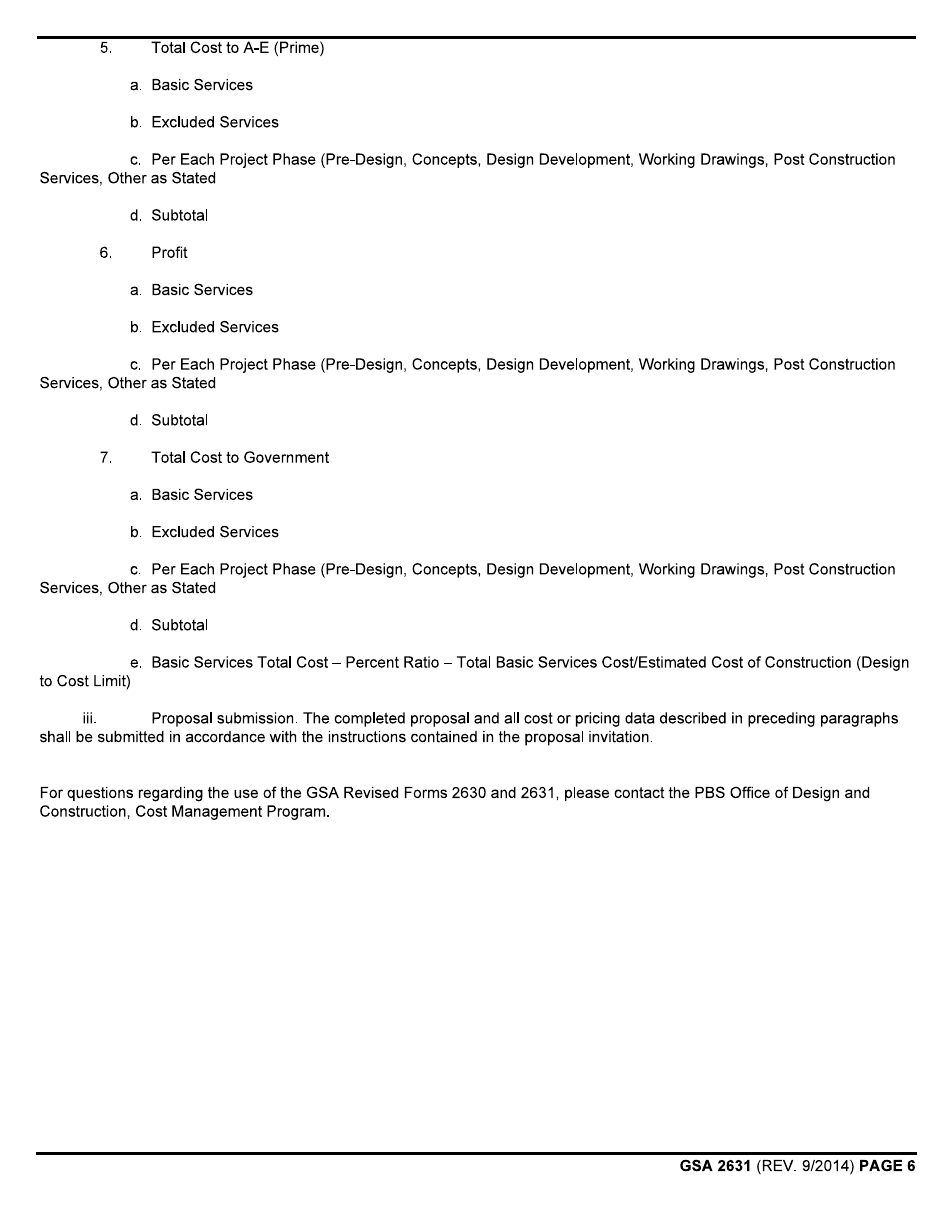GSA Form 2631 Architect-Engineer Cost Estimate Summary, Page 6