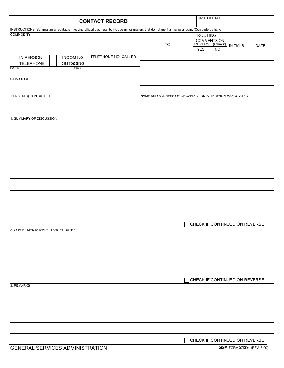 GSA Form 2429 Contact Record, Page 1