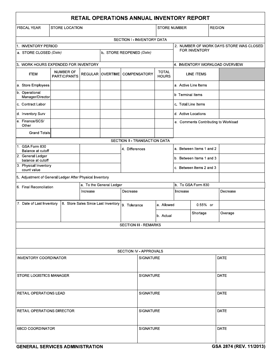 GSA Form 2874 Retail Operations Annual Inventory Report, Page 1