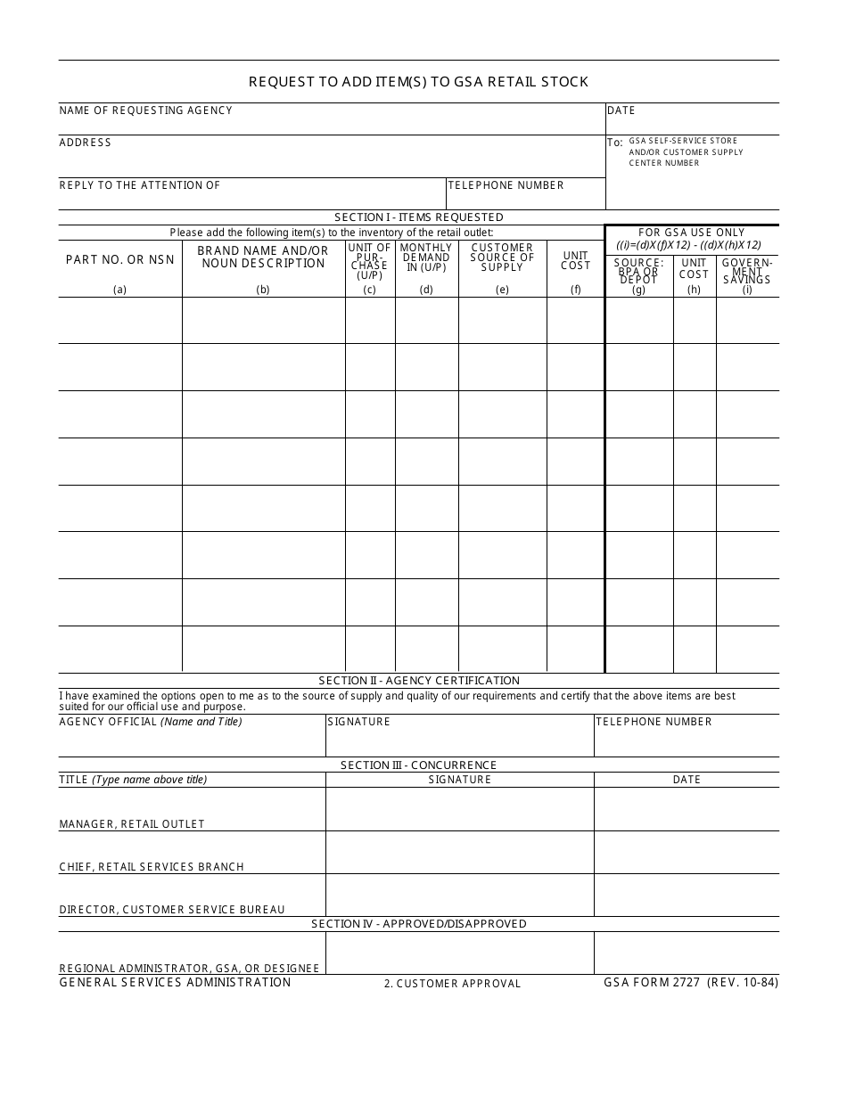 GSA Form 2727 Request to Add Item(S) to GSA Retail Stock, Page 1