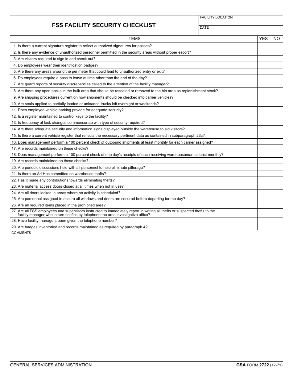 GSA Form 2722 Fss Facility Security Checklist, Page 1