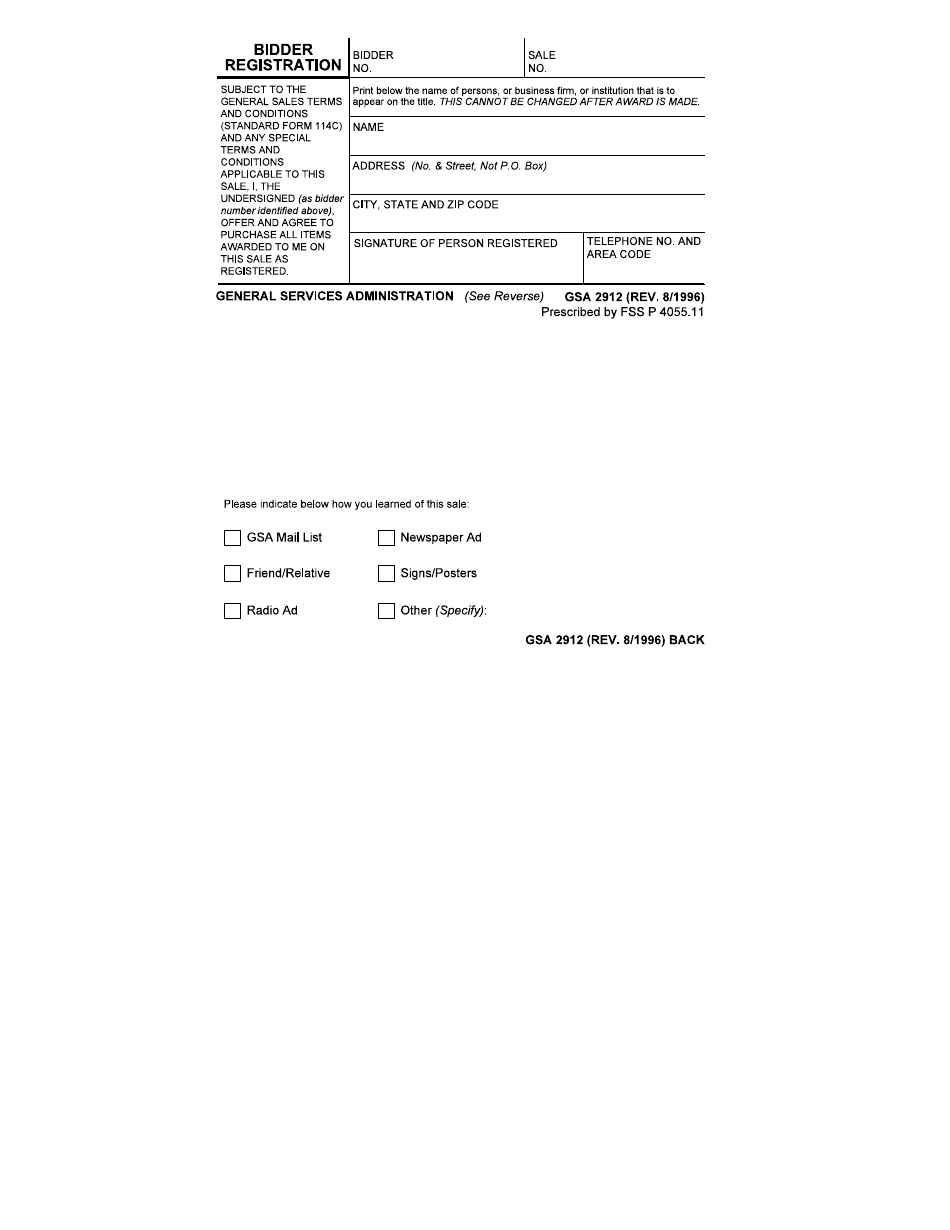 GSA Form 2912 Bidder Registration, Page 1