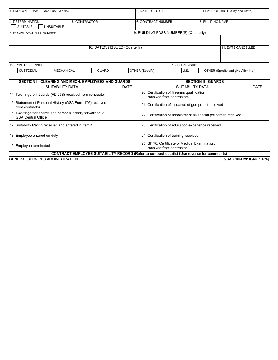 GSA Form 2910 Contract Employee Suitability Record, Page 1