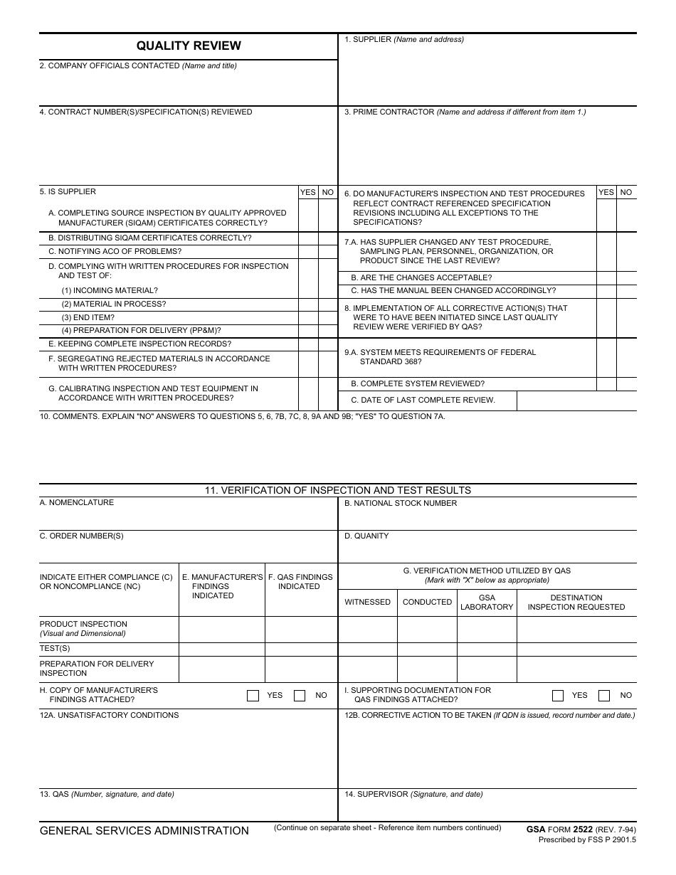 GSA Form 2522 Quality Review, Page 1