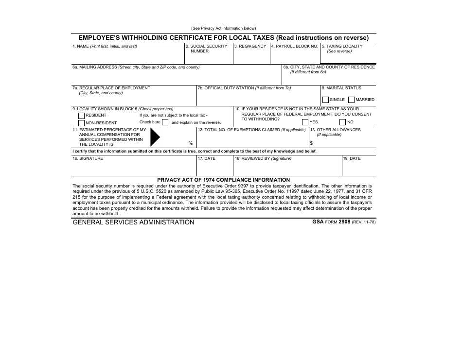 GSA Form 2908 Employees Withholding Certificate for Local Taxes, Page 1