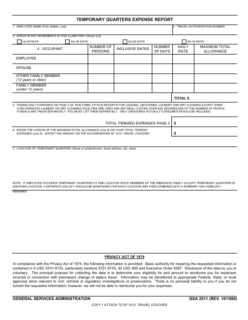 GSA Form 2511 Temporary Quarters Expense Report