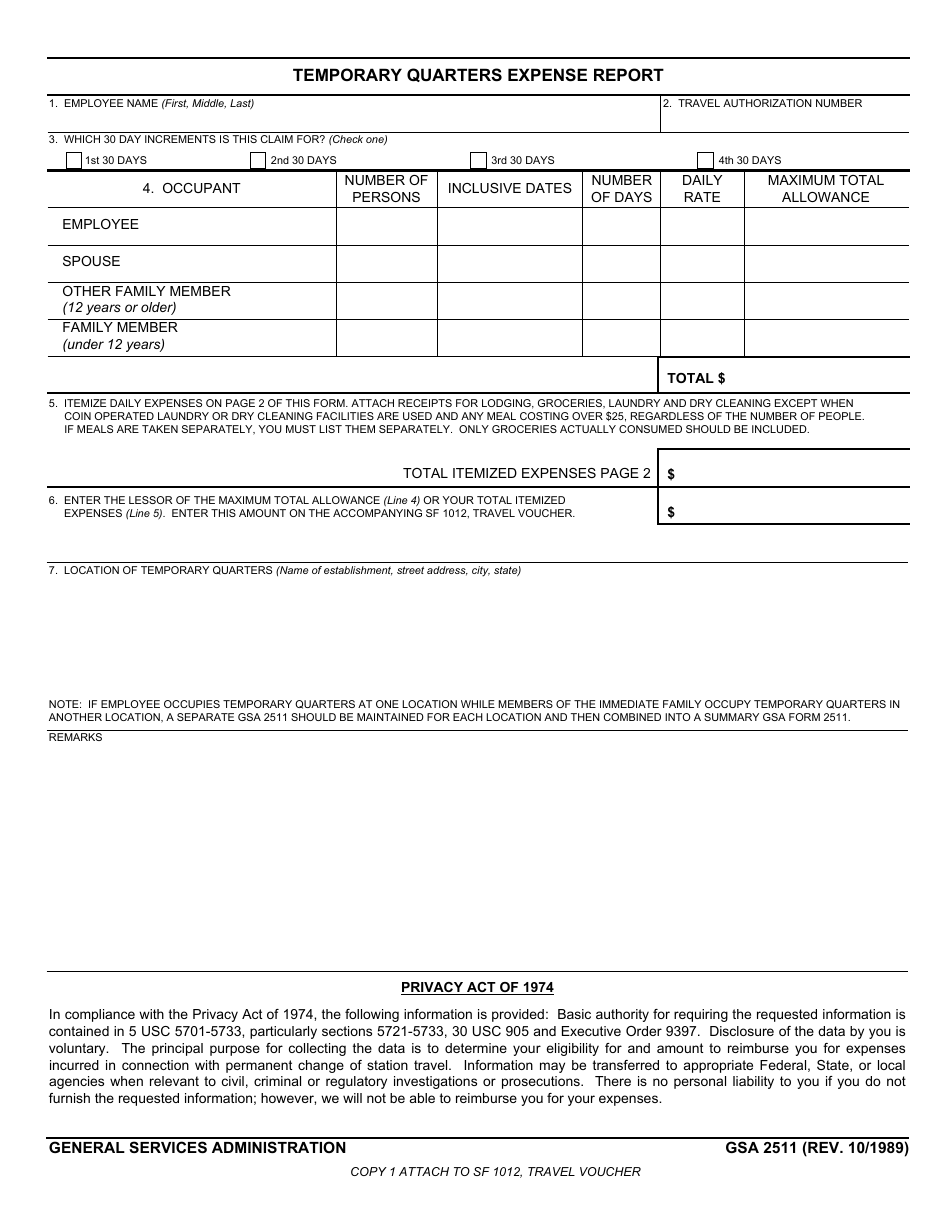 GSA Form 2511 Temporary Quarters Expense Report, Page 1