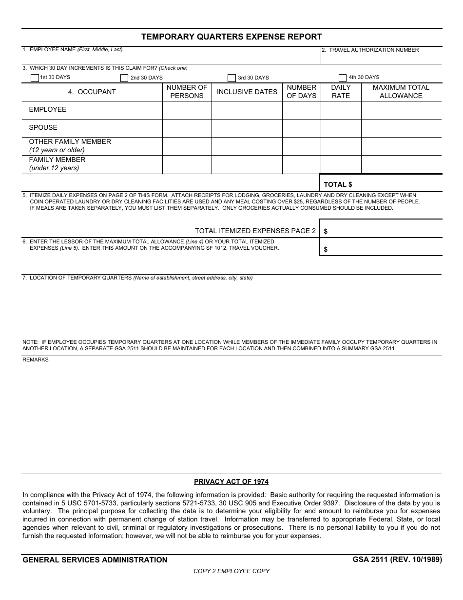 GSA Form 2511 Temporary Quarters Expense Report, Page 3