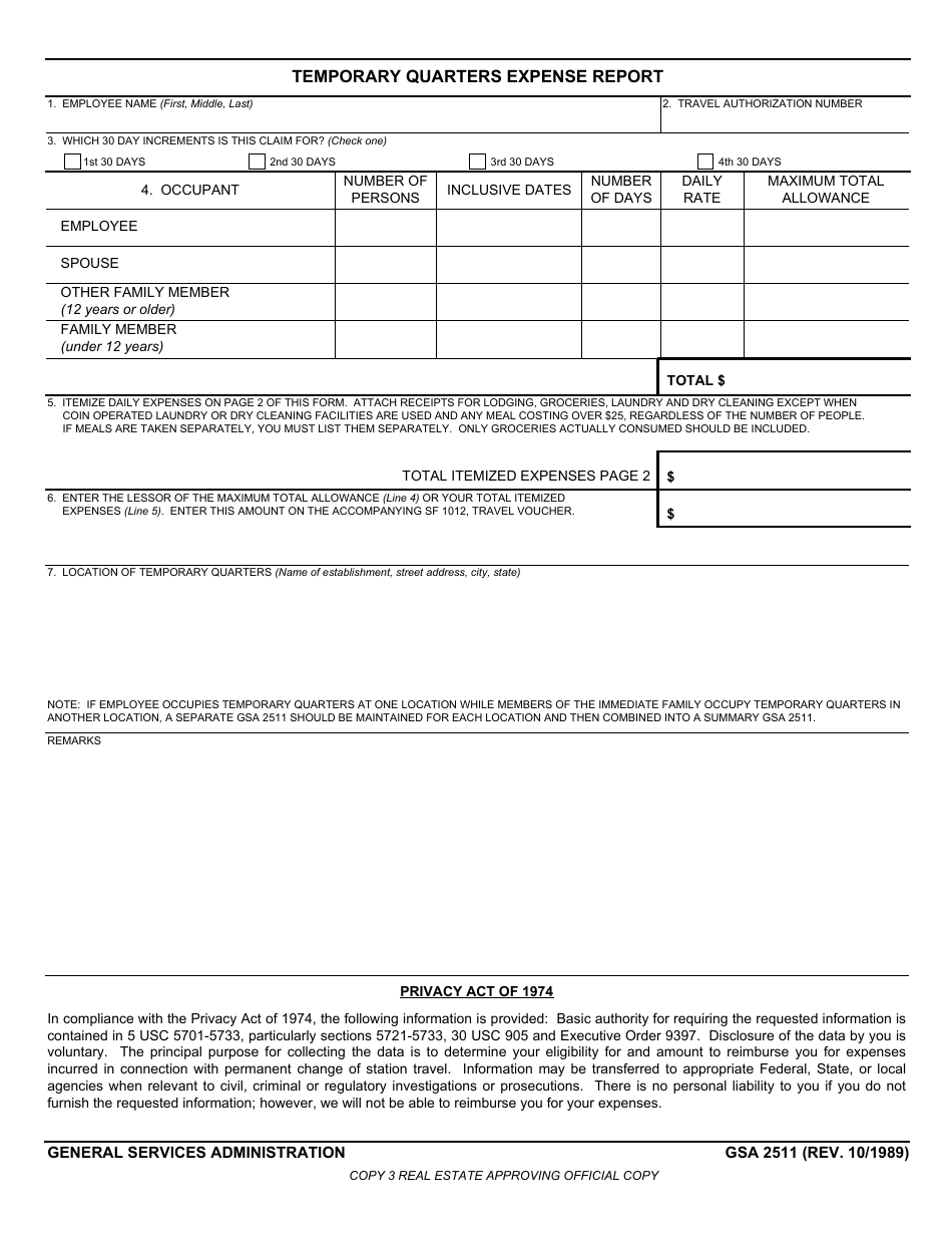GSA Form 2511 Temporary Quarters Expense Report, Page 5