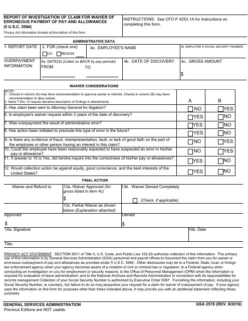 GSA Form 2578  Printable Pdf