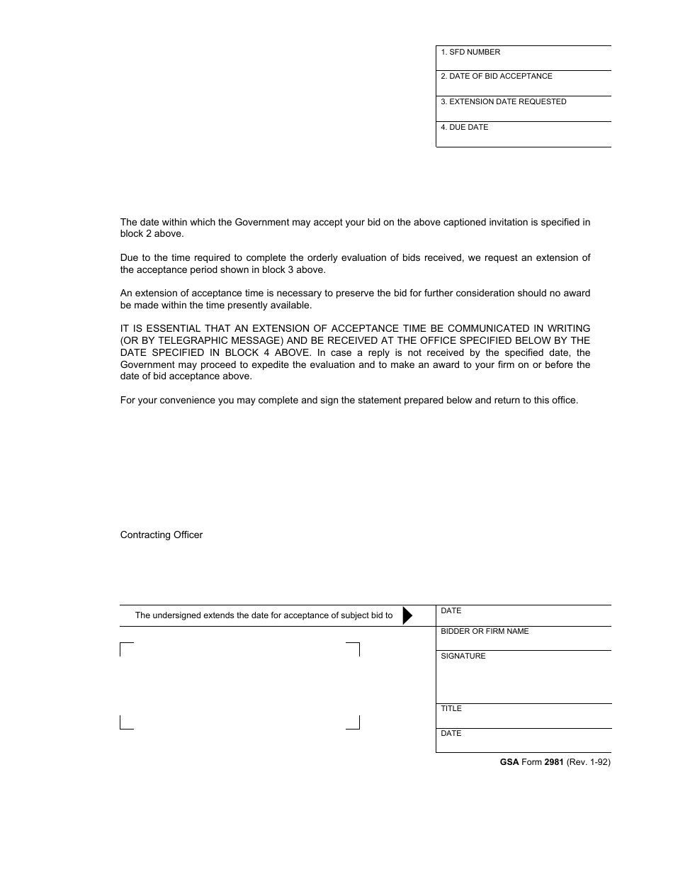GSA Form 2981 Extension of Acceptance Time for Bid, Page 1