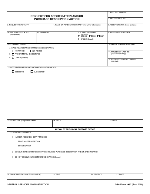 GSA Form 2967 Request for Specification and/or Purchase Description Action
