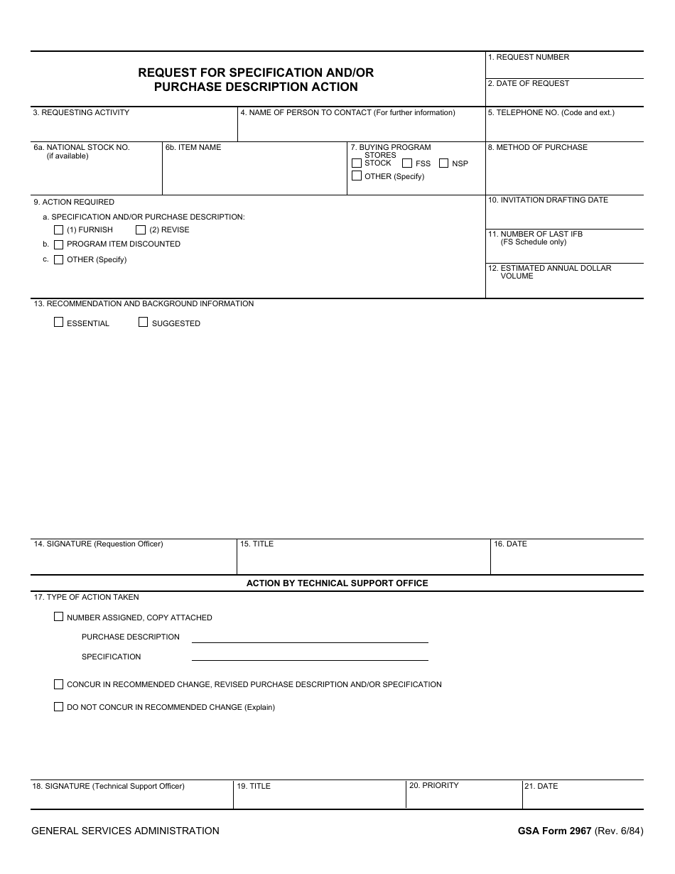 GSA Form 2967 Request for Specification and / or Purchase Description Action, Page 1