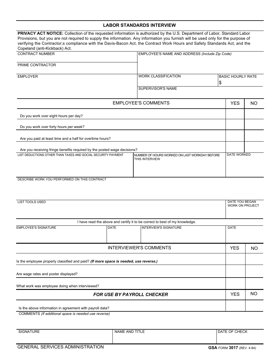 GSA Form 3017 Labor Standards Interview, Page 1