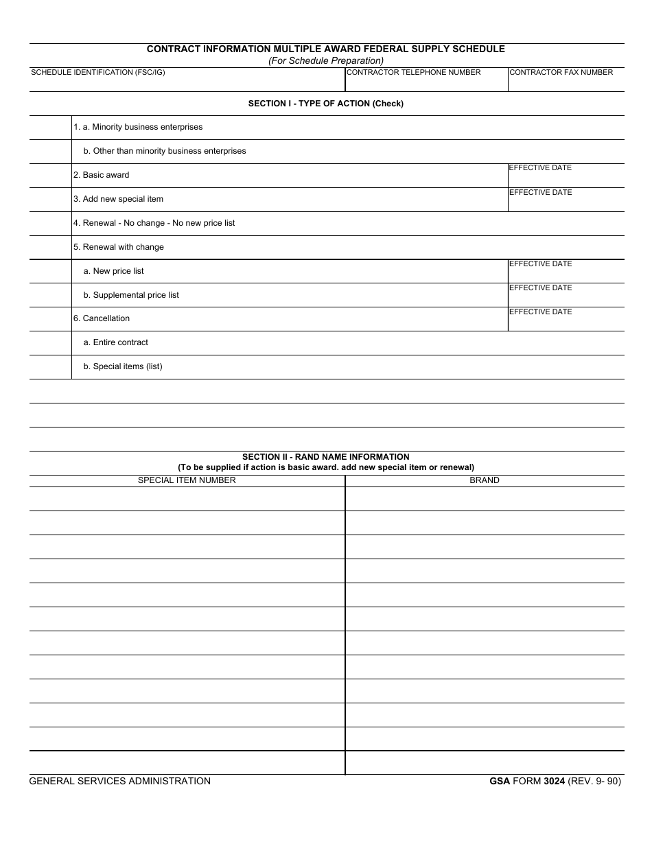 GSA Form 3024 Contract Information Multiple Award Federal Supply Schedule, Page 1