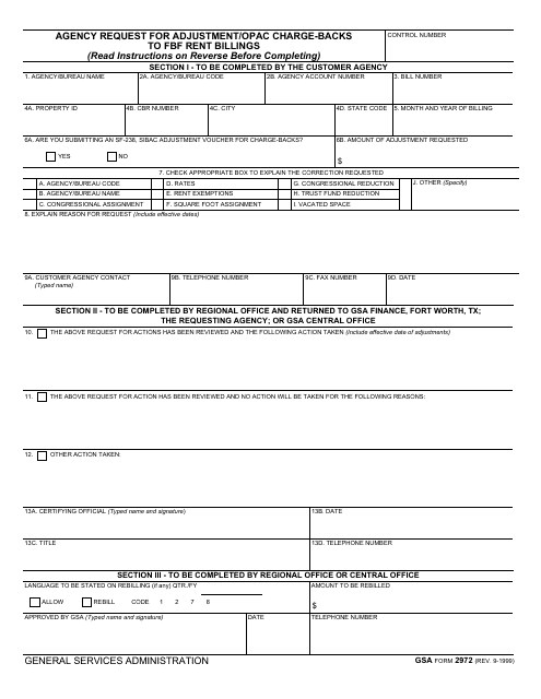 GSA Form 2972 Agency Request for Adjustment/Opac Charge-Backs to Fbf Rent Billings