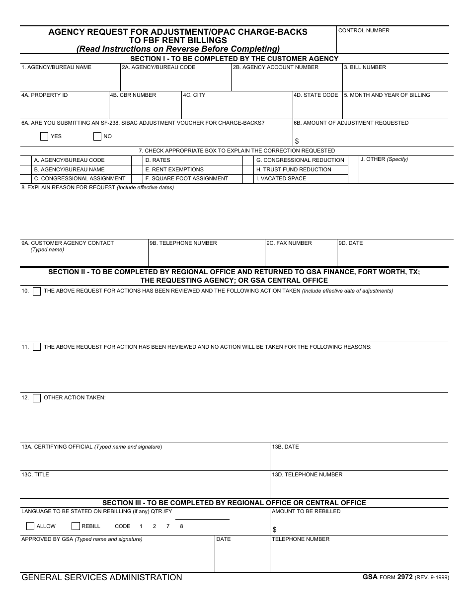 GSA Form 2972 Agency Request for Adjustment / Opac Charge-Backs to Fbf Rent Billings, Page 1