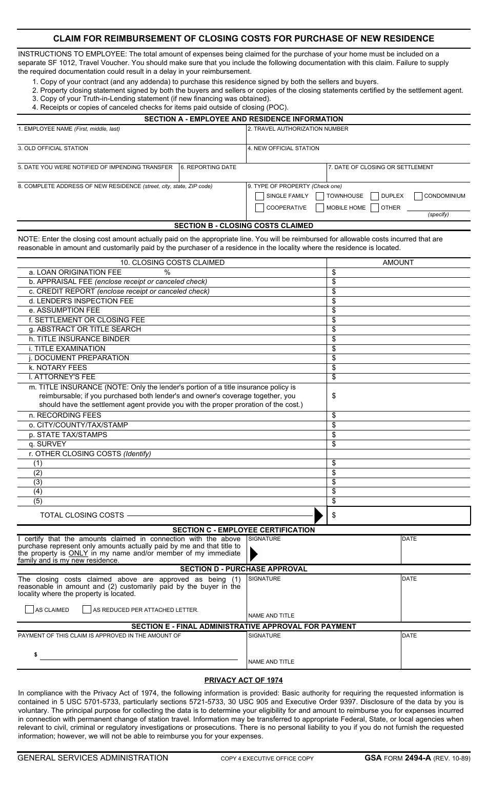 GSA Form 2494A Claim for Reimbursement of Closing Costs for Purchase of New Residence, Page 4