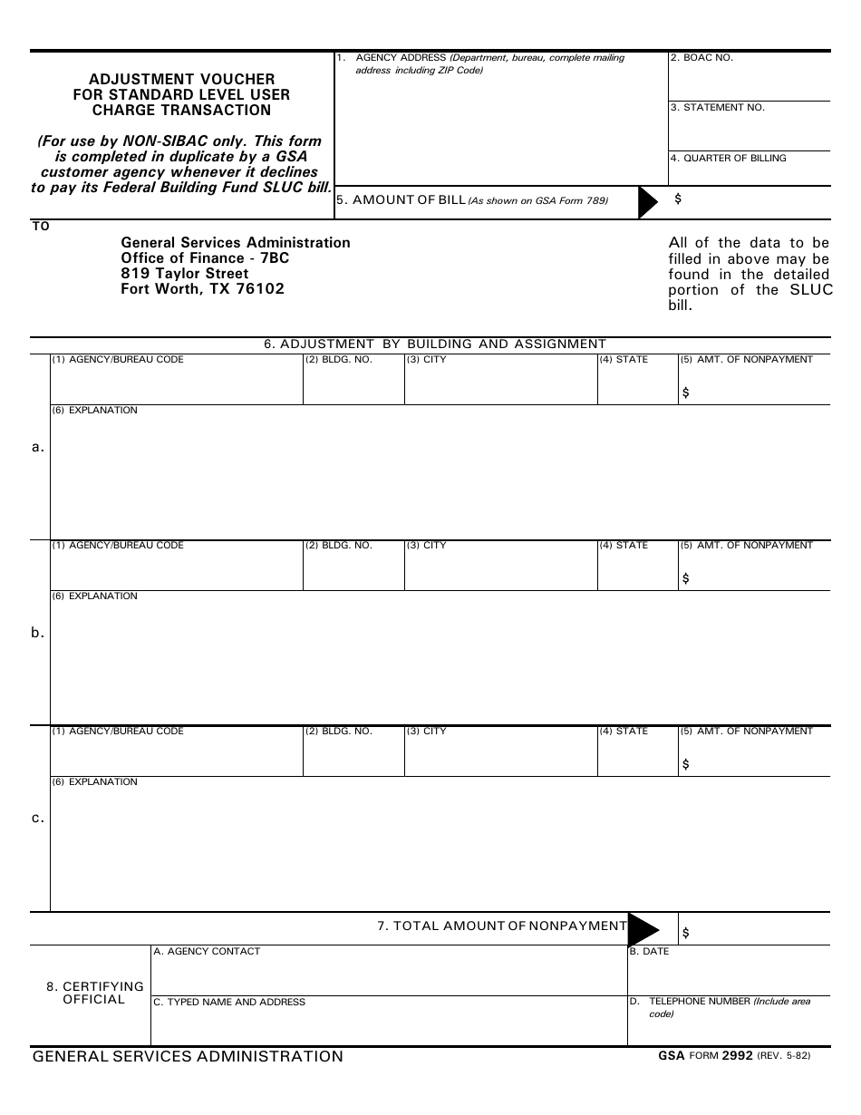 GSA Form 2992 Adjustment Voucher for Standard Level User Charge Transaction, Page 1