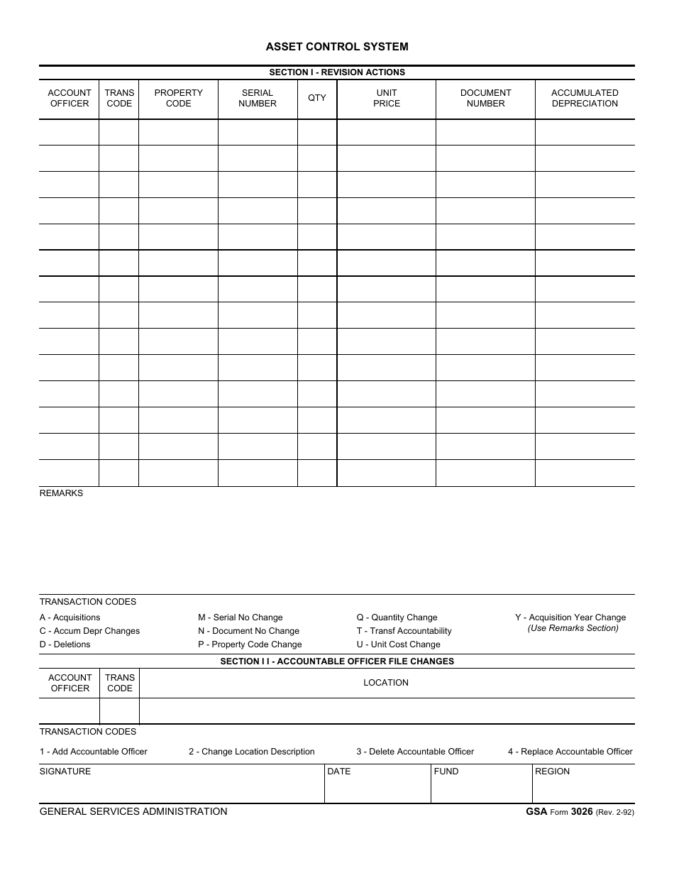GSA Form 3026 Asset Control System, Page 1