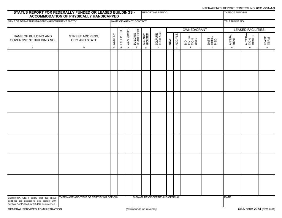 GSA Form 2974 Status Report for Federally Funded or Leased Buildings - Accommodation of Physically Handicapped, Page 1