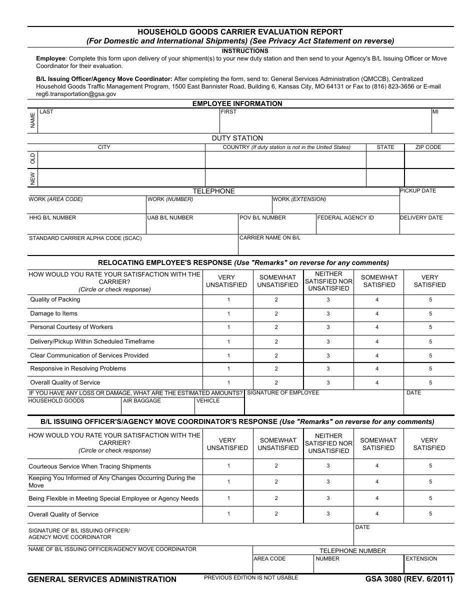 GSA Form 3080 Household Goods Carrier Evaluation Report, Page 1