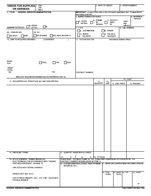 GSA Form 3186 Order for Supplies or Services