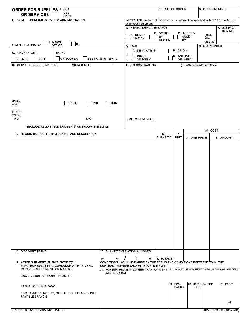 GSA Form 3186 Order for Supplies or Services, Page 1