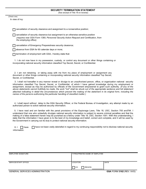 GSA Form 3162 Security Termination Statement