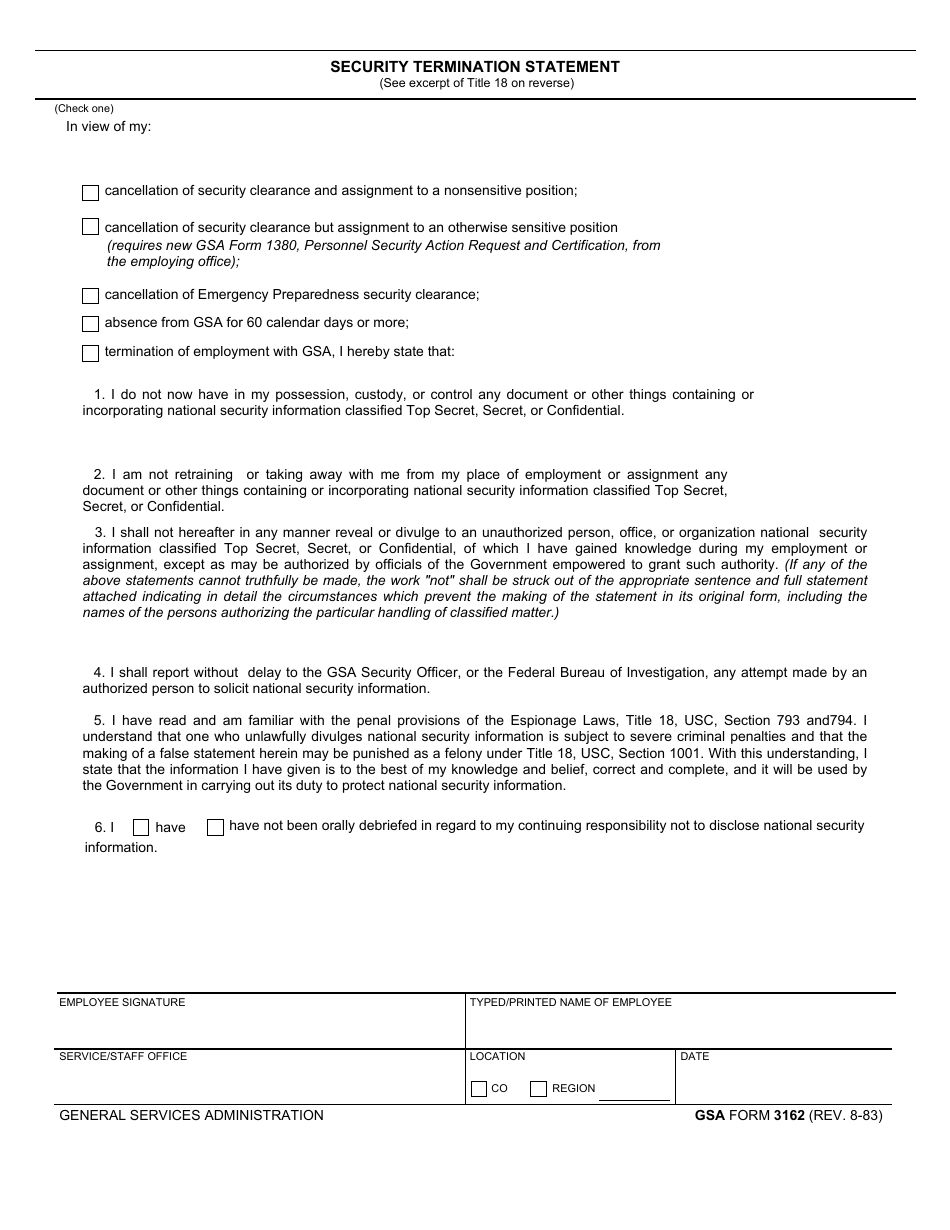 GSA Form 3162 Security Termination Statement, Page 1