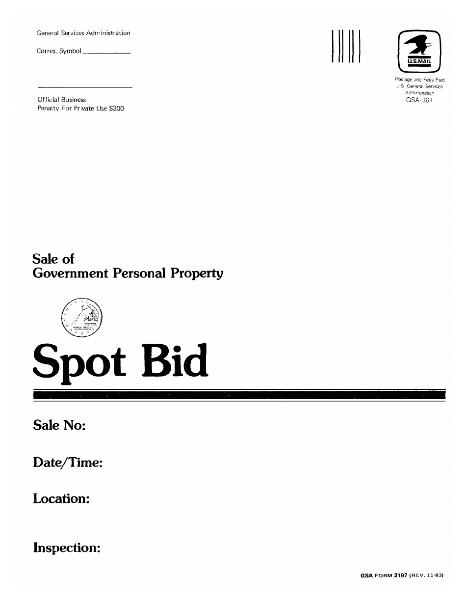 GSA Form 3197 Sale of Government Personal Property - Spot Bid, Page 1