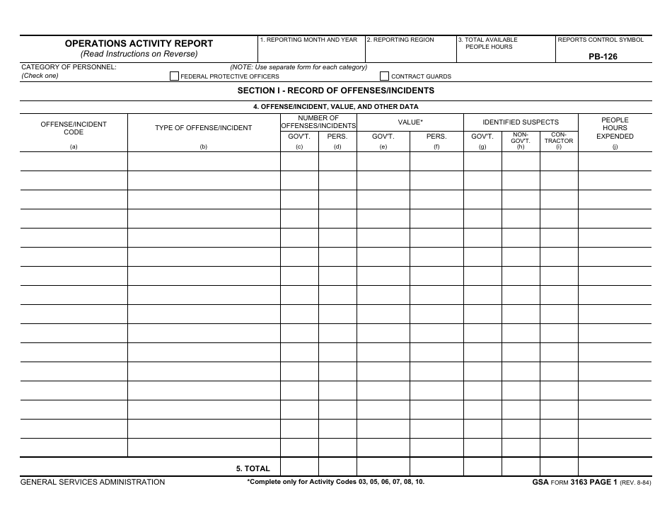 GSA Form 3163 Operations Activity Report, Page 1
