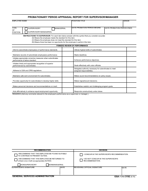 GSA Form 3192 Probationary Period Appraisal Report for Supervisor/Manager