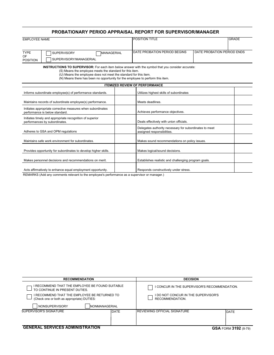 GSA Form 3192 Probationary Period Appraisal Report for Supervisor / Manager, Page 1